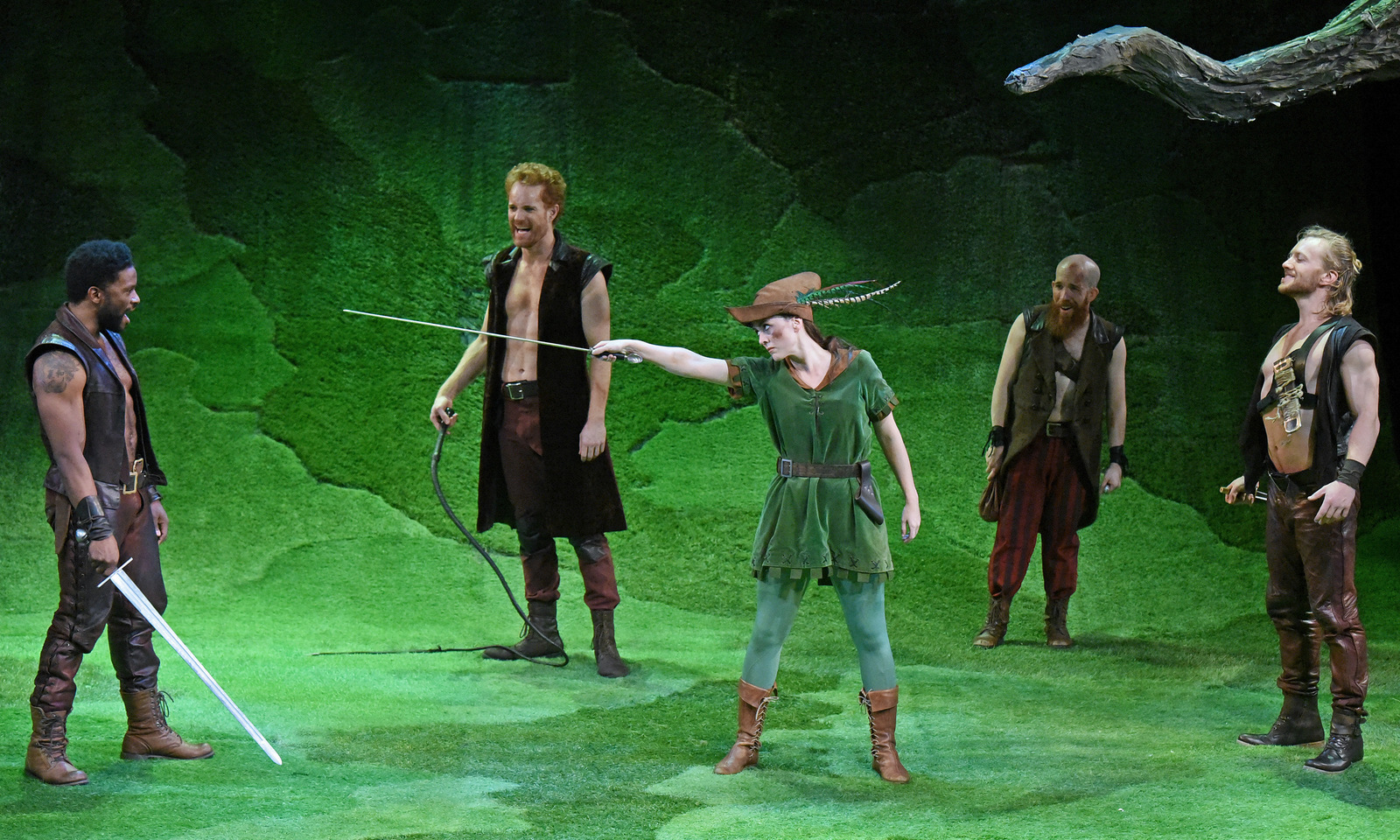 Vesturport and The Wallis’ The Heart of Robin Hood. Pictured (l-r): Luke Forbes, Kasey Mahaffy, Christina Bennett Lind, Jeremy Crawford, and Sam Meader. Photo credit: Kevin Parry for Th